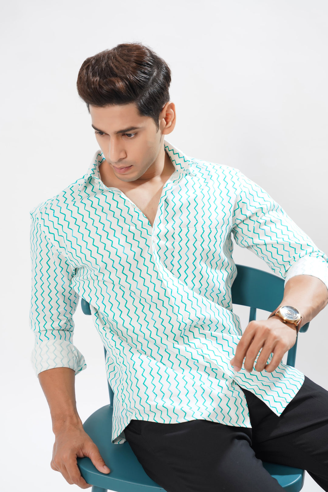 Turquoise Curved Printed Premium Designed Cotton Shirt - ROYALTAIL