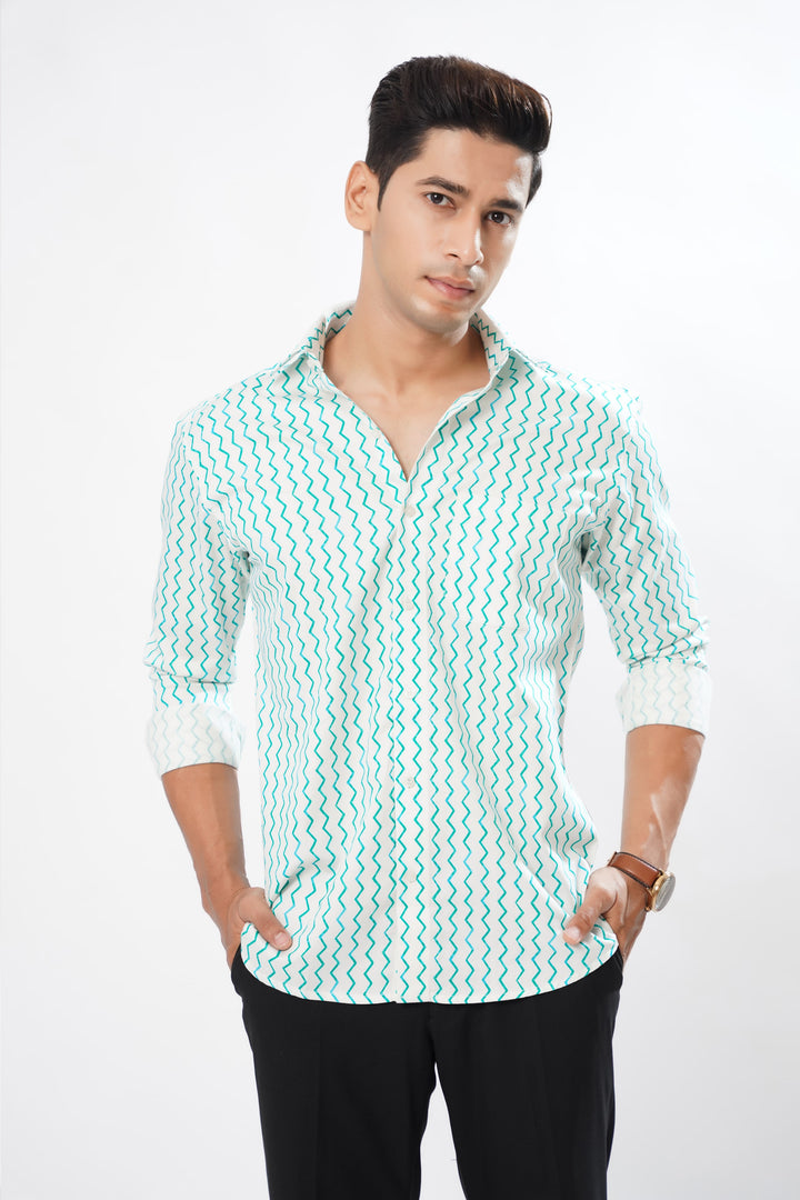 Turquoise Curved Printed Premium Designed Cotton Shirt - ROYALTAIL