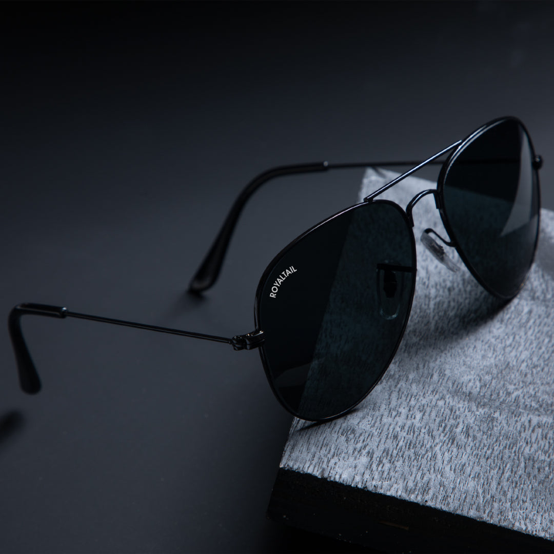Black Classic Glass and Black Frame Aviator Sunglasses for men and Women - ROYALTAIL