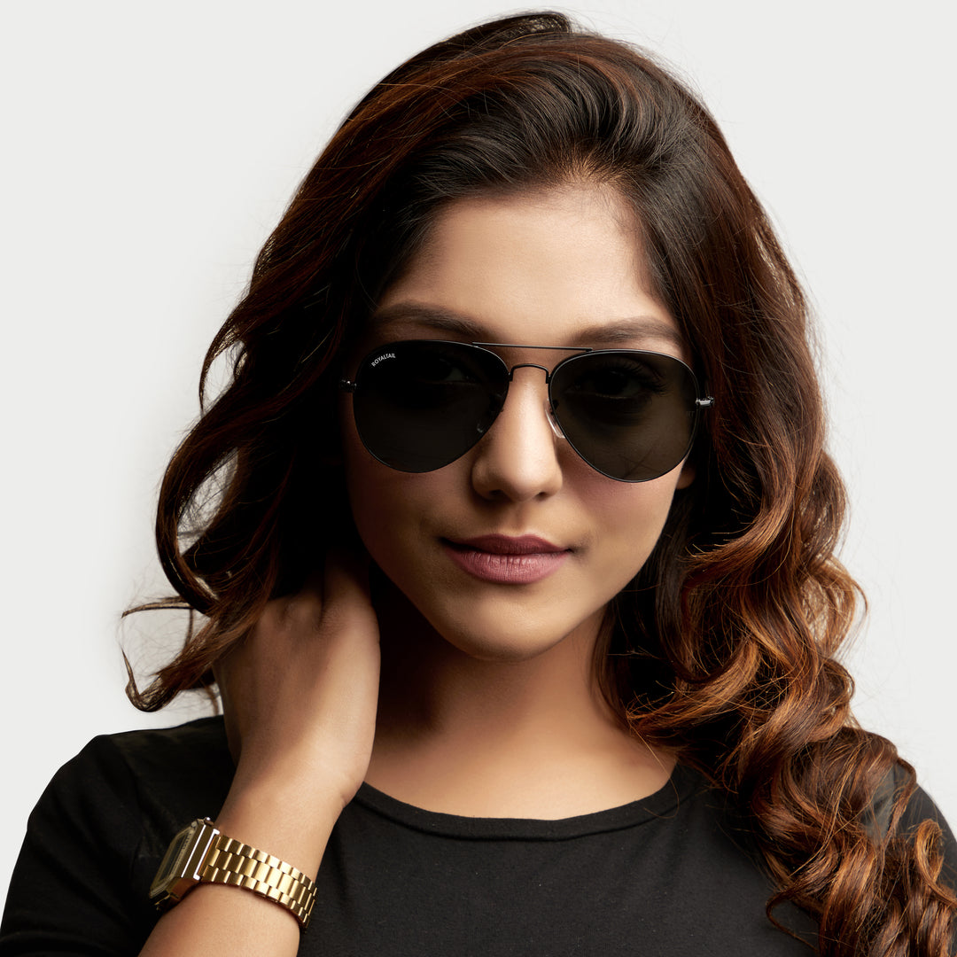 Black Classic Glass and Black Frame Aviator Sunglasses for men and Women - ROYALTAIL