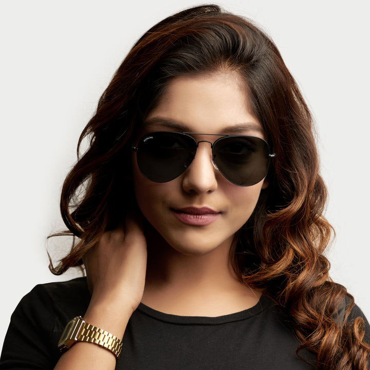 Black Classic Glass and Black Frame Aviator Sunglasses for men and Women - ROYALTAIL