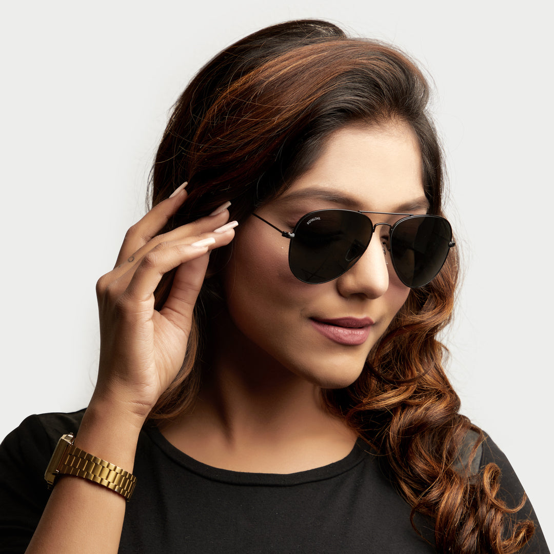 Black Classic Glass and Black Frame Aviator Sunglasses for men and Women - ROYALTAIL