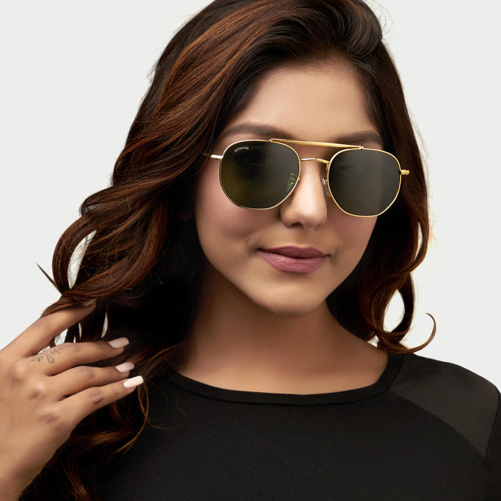 Malphite Green Glass and Gold Frame Round Sunglasses - ROYALTAIL