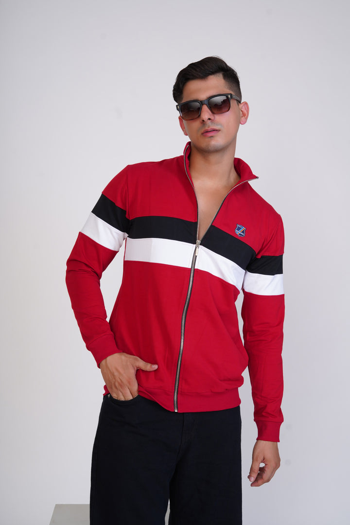 Red With White And Black Strips, Front Open Premium Organic Soft Cotton Sweatshirt - ROYALTAIL