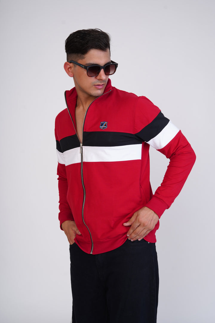 Red With White And Black Strips, Front Open Premium Organic Soft Cotton Sweatshirt - ROYALTAIL