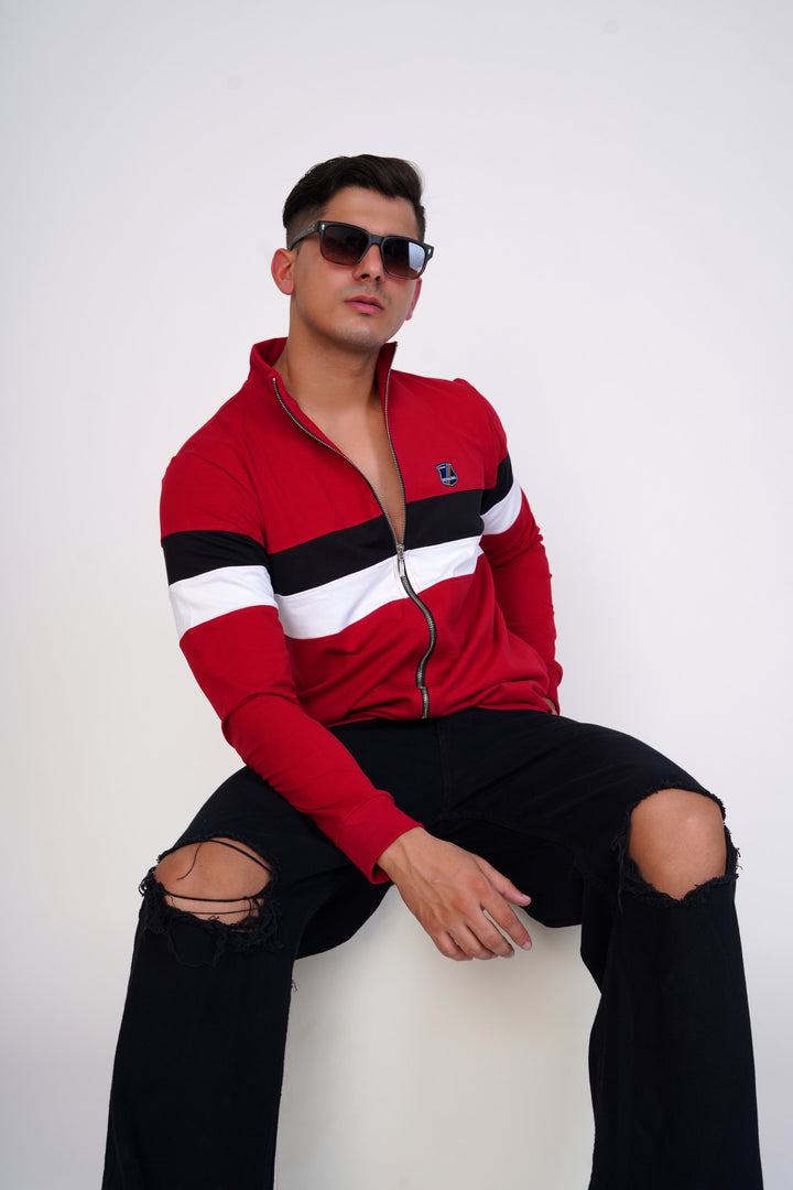 Red With White And Black Strips, Front Open Premium Organic Soft Cotton Sweatshirt - ROYALTAIL