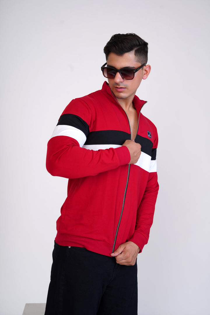 Red With White And Black Strips, Front Open Premium Organic Soft Cotton Sweatshirt - ROYALTAIL