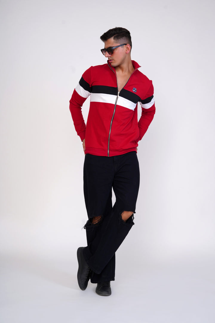 Red With White And Black Strips, Front Open Premium Organic Soft Cotton Sweatshirt - ROYALTAIL