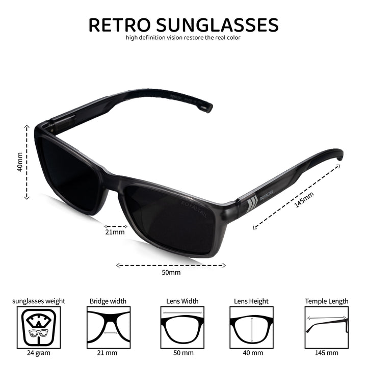 Unisex Black Full Rim Rectangle Square Polarized Sunglasses - ROYALTAIL
