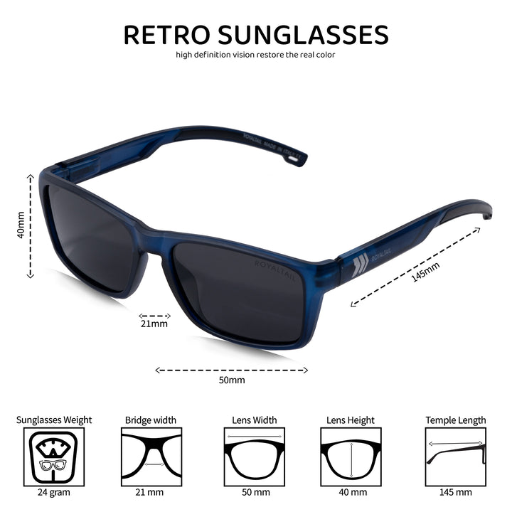 Black Lens Blue Frame Full Rim Rectangle Square Polarized Sunglasses - ROYALTAIL