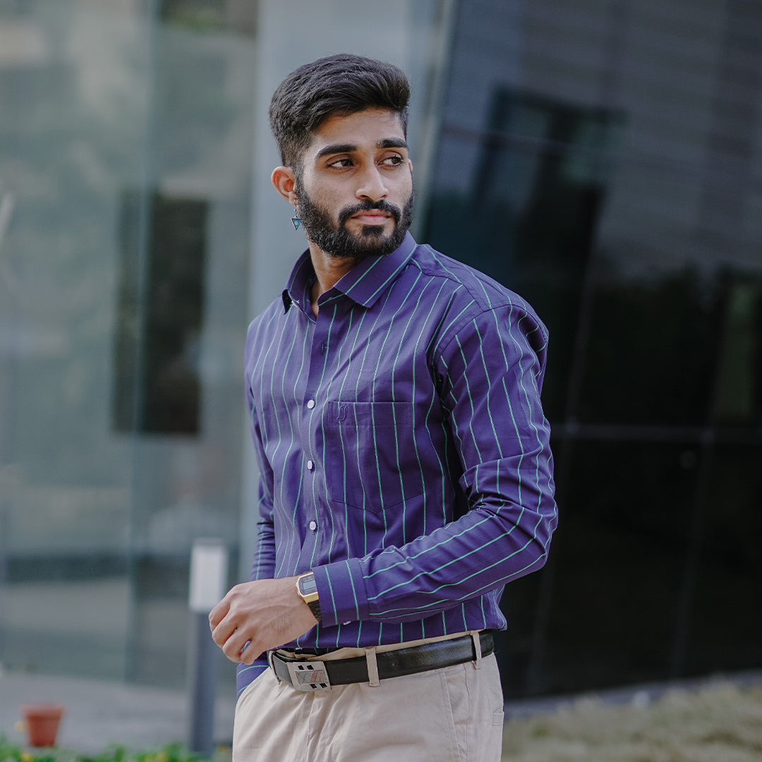Copperline Navy Blue Striped Cotton Premium Shirt - Royaltail