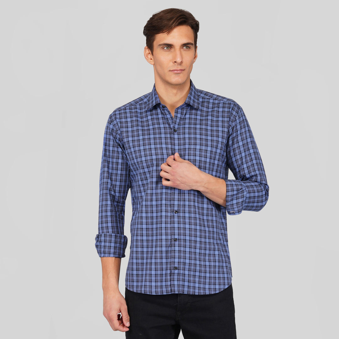 Mid Blue Premium Gingham Small Check Patterned Giza Cotton Shirt - Royaltail