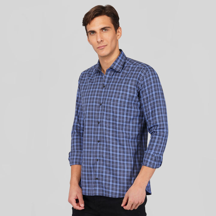 Mid Blue Premium Gingham Small Check Patterned Giza Cotton Shirt - Royaltail