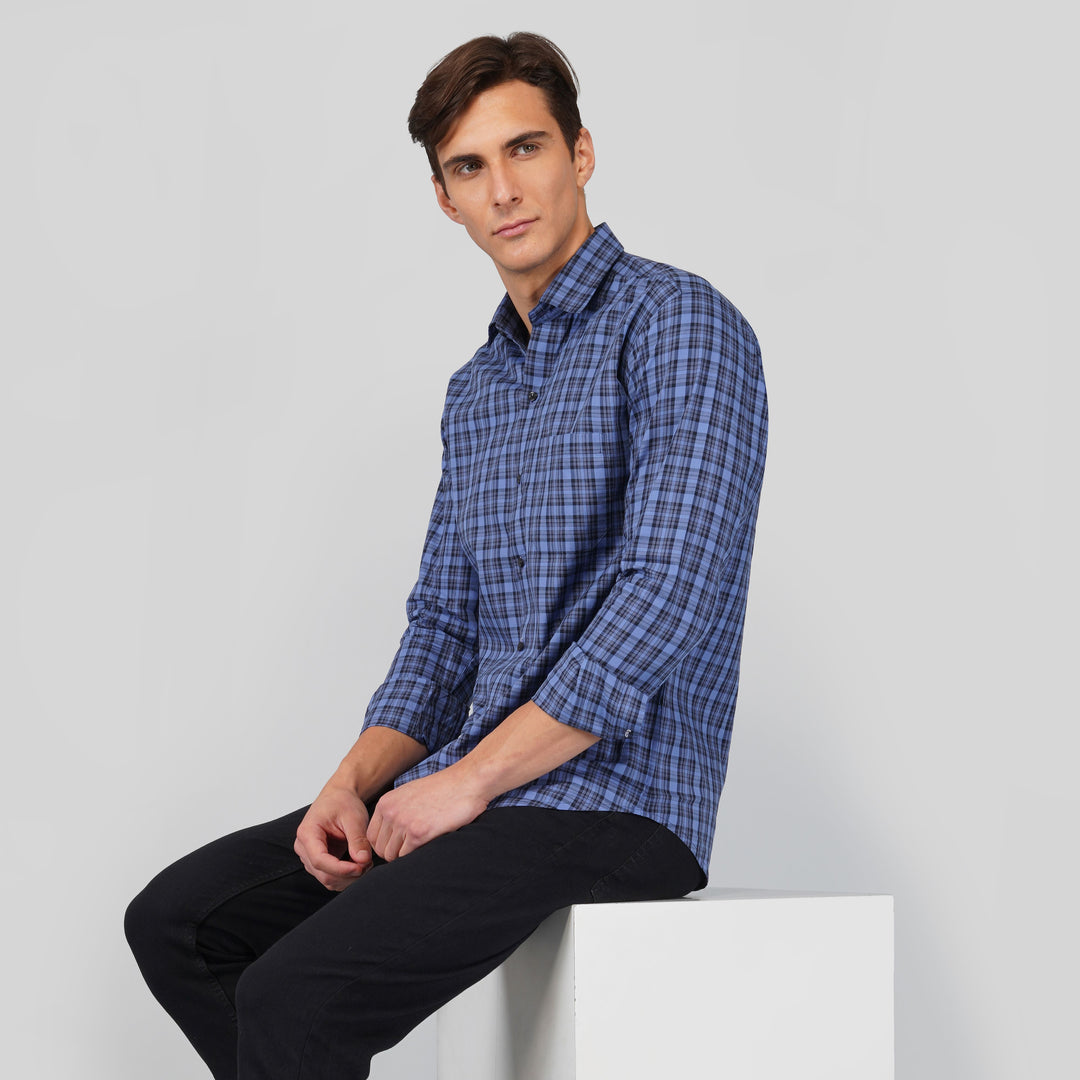 Mid Blue Premium Gingham Small Check Patterned Giza Cotton Shirt - Royaltail