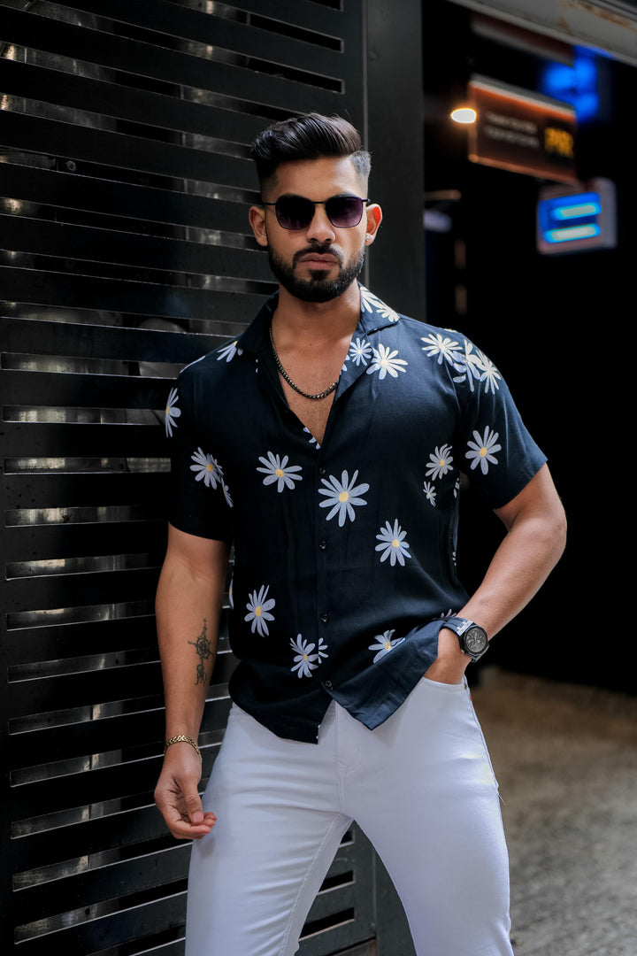 Faded Black And Off White Floral Print Super Soft Premium Cuban Collar Half Sleeve Shirt