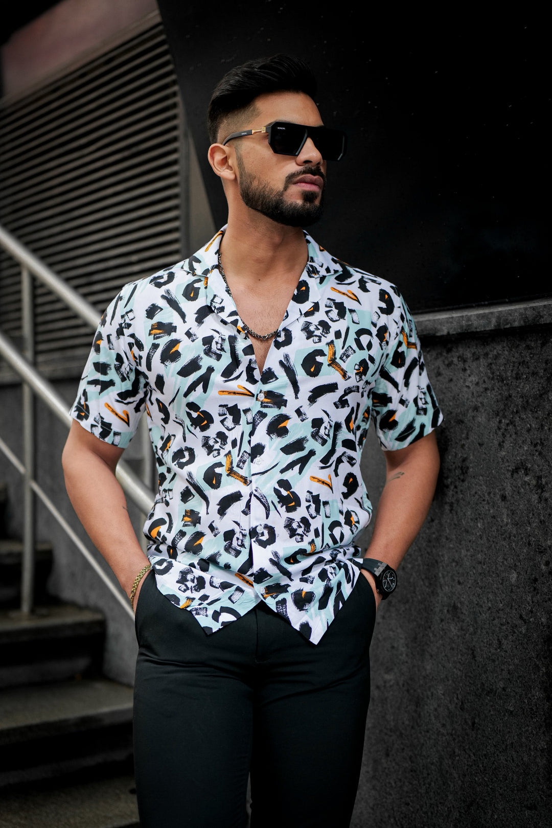 White And Black Multicolor  Print Super Soft Premium Cuban Collar Half Sleeve Shirt