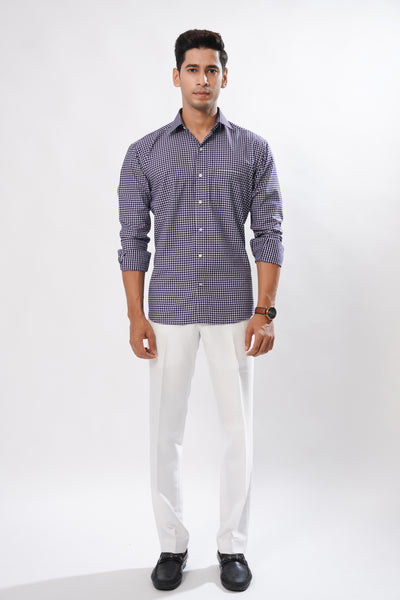 Navy Blue Micro Checked Gingham Premium Cotton Shirt