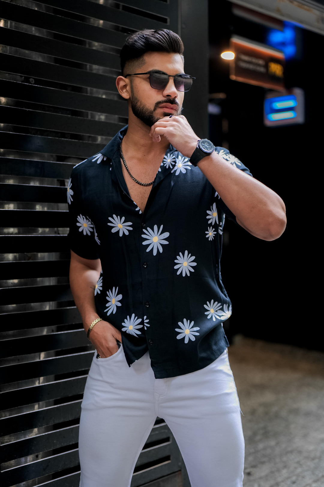 Faded Black And Off White Floral Print Super Soft Premium Cuban Collar Half Sleeve Shirt