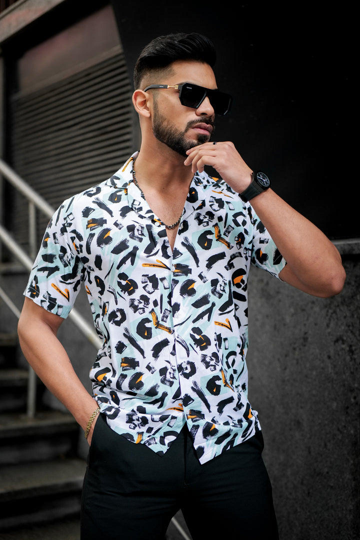 White And Black Multicolor  Print Super Soft Premium Cuban Collar Half Sleeve Shirt