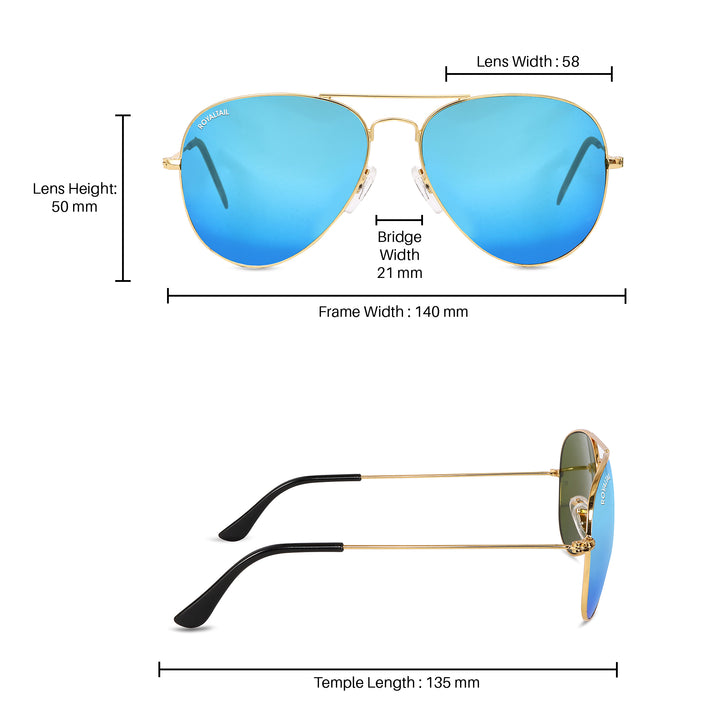 Blue Flash Glass and Gold Frame Aviator Sunglasses For Men and Women