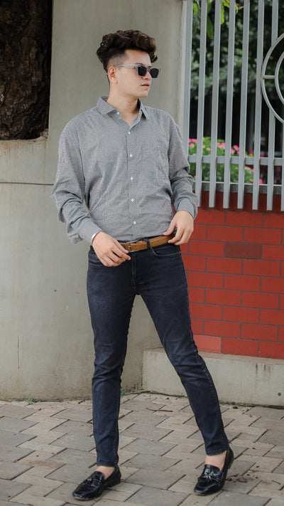 Grey with Dark Grey and White Square Lines Printed Gingham Premium Giza Cotton Shirt