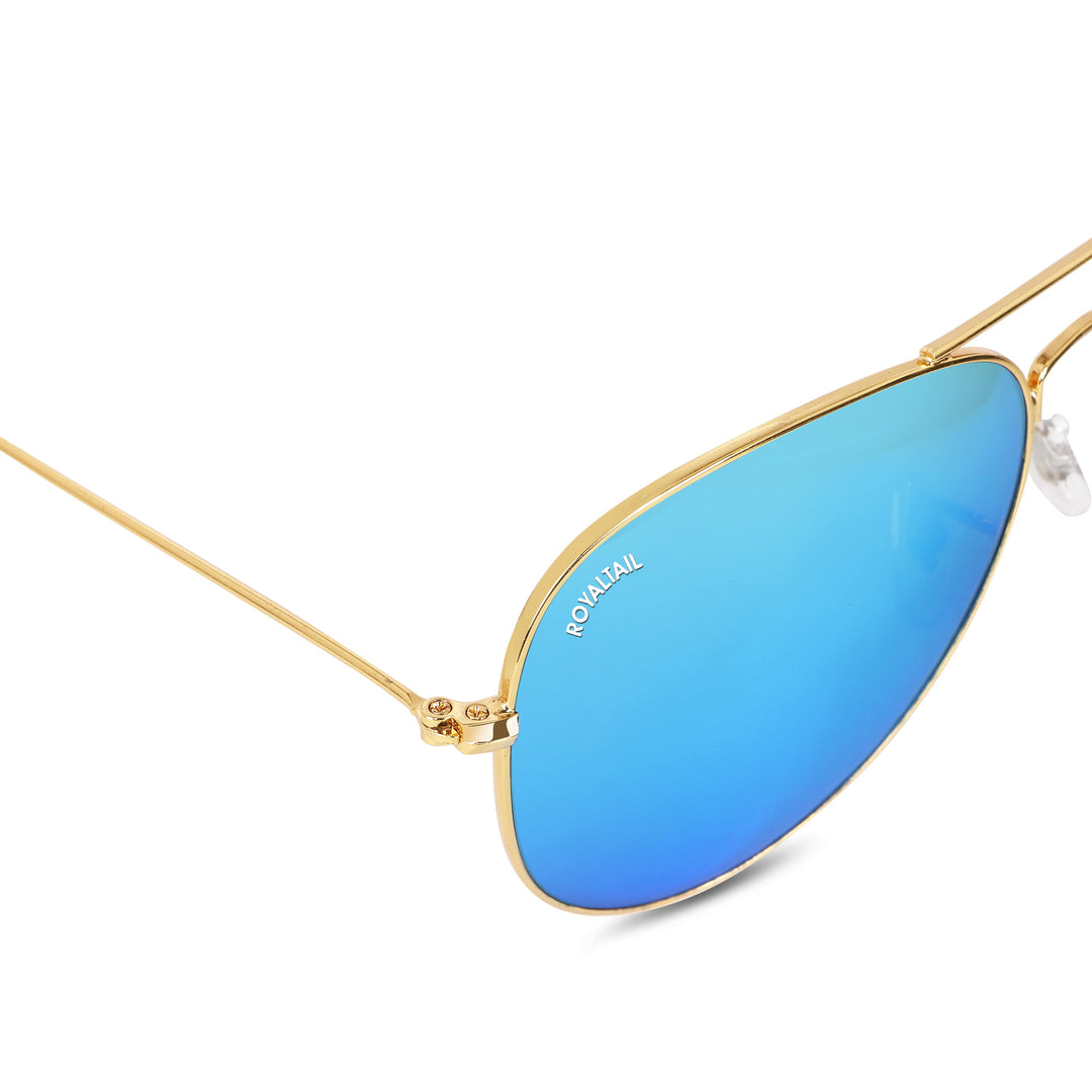 Blue Flash Glass and Gold Frame Aviator Sunglasses For Men and Women