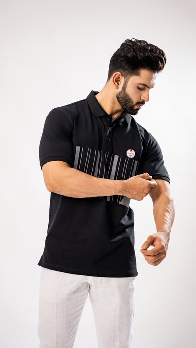 BLACK AND SILVER STRIPED ORGANIC COTTON MERCERISED PIQUE POLO TEE - Royaltail
