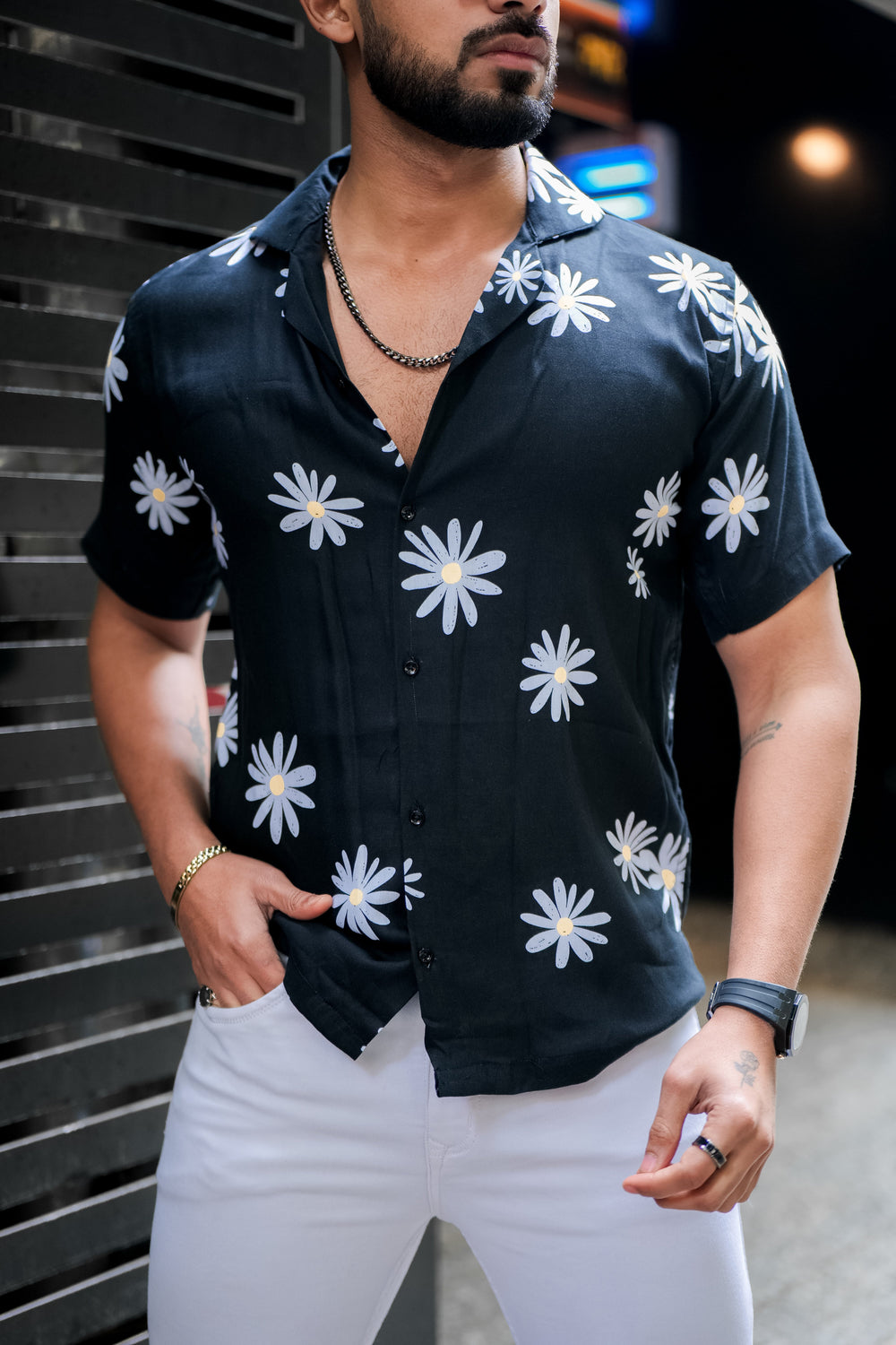 Men's Black & Off-White Floral Cuban Collar Shirt
