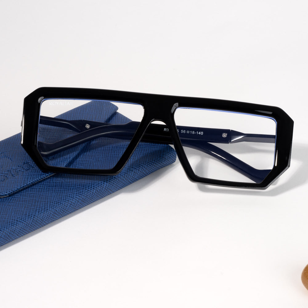Rectangle clear-lens glasses for men and women, black and orange frame