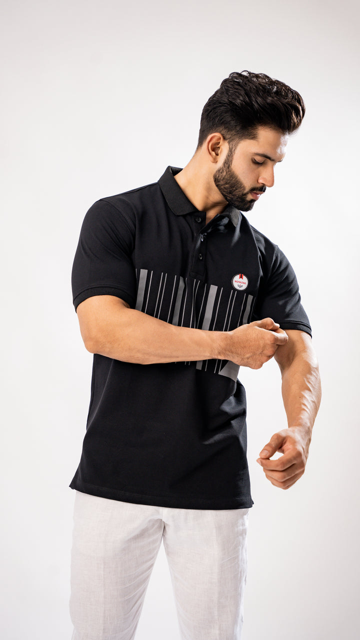 Black & Silver Stripe Cotton Polo T-Shirt by ROYALTAIL