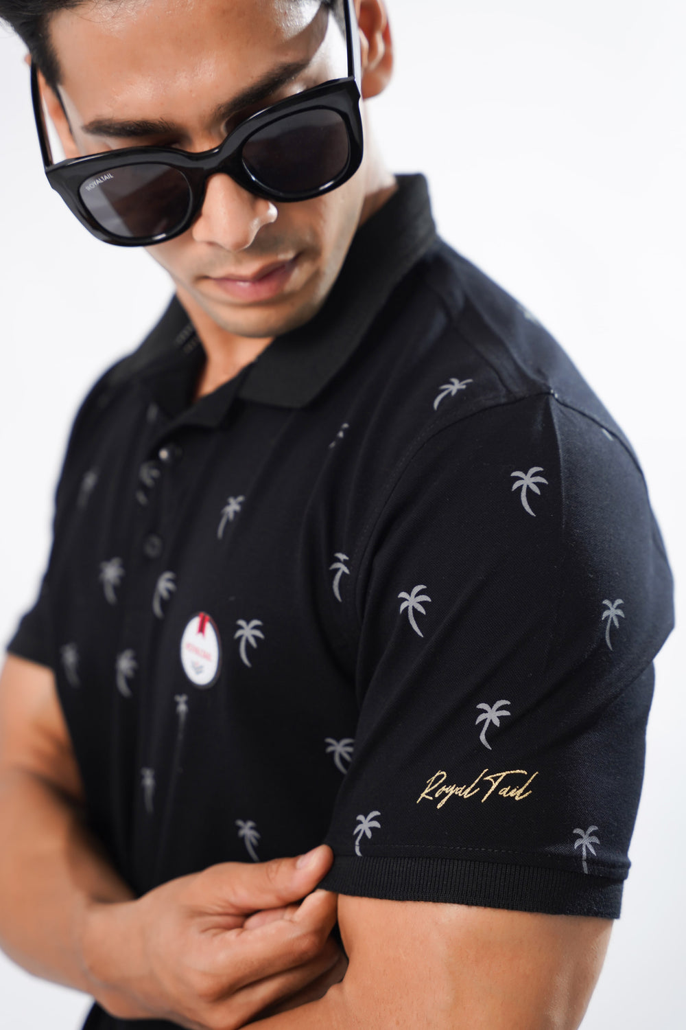 Men's Black & White Textured Polo T-Shirt
