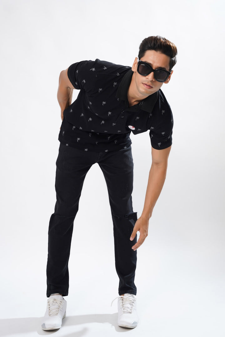 Black & White Textured Polo T-Shirt by ROYALTAIL