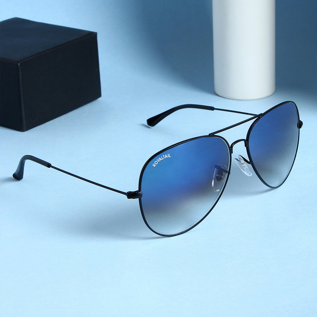 Black aviator sunglasses with dark blue gradient lenses, photo 4