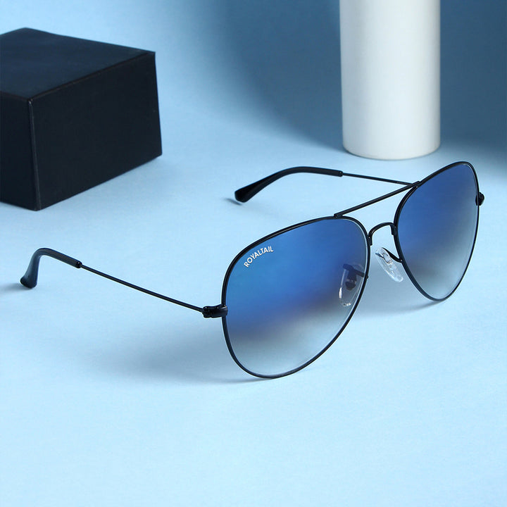Black aviator sunglasses with dark blue gradient lenses, photo 4