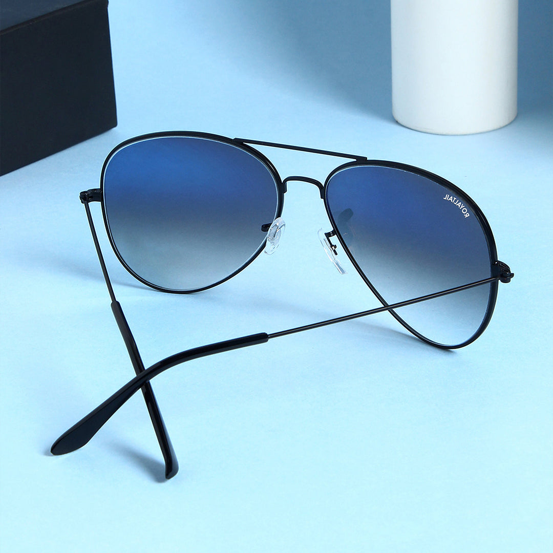 Black aviator sunglasses with dark blue gradient lenses, photo 5