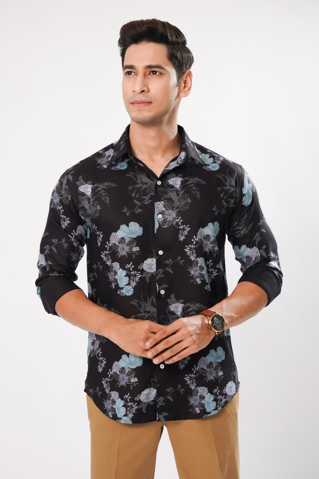 Men's Black Floral Print Cotton Shirt
