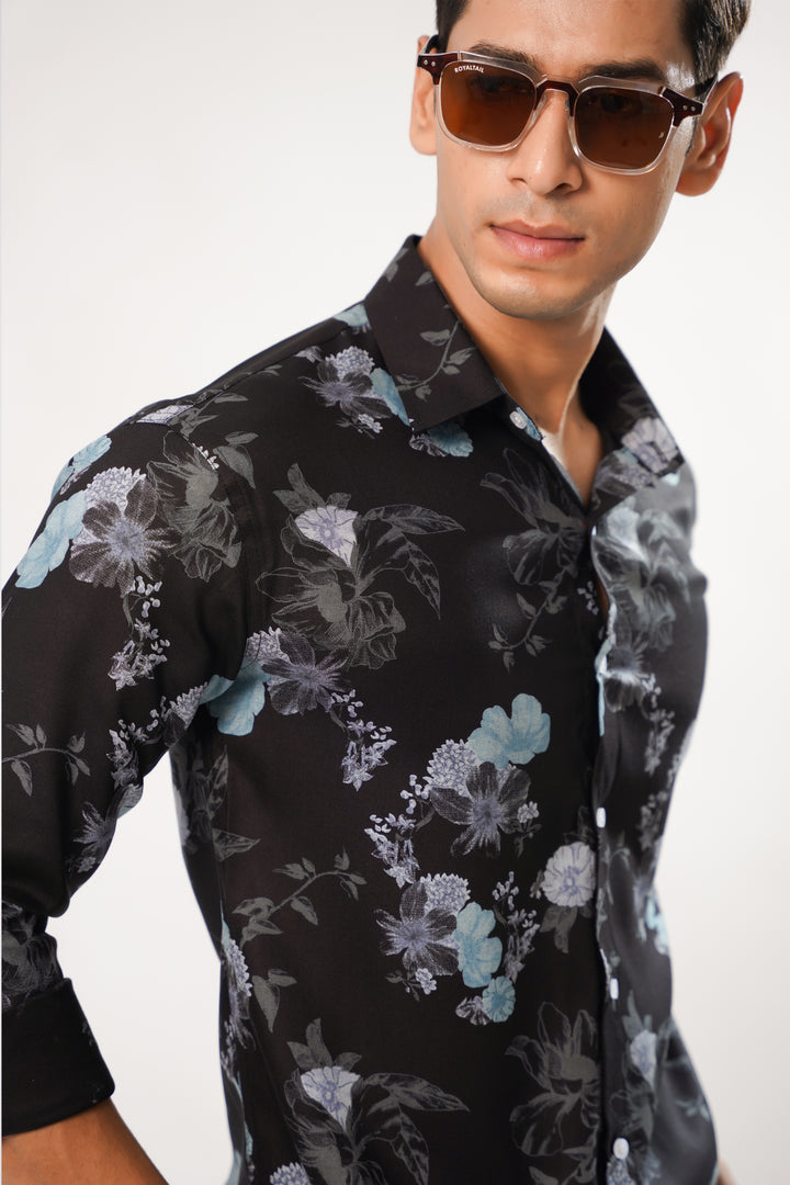 Black Floral Print Cotton Shirt by ROYALTAIL
