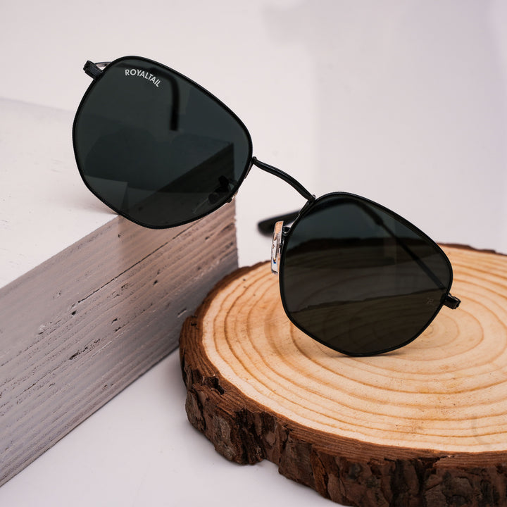 Black hexagonal sunglasses with black lenses – ROYALTAIL