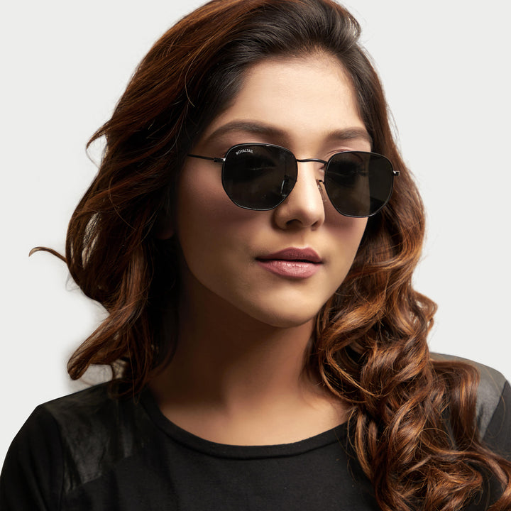 Black hexagonal sunglasses with black lenses, photo 9