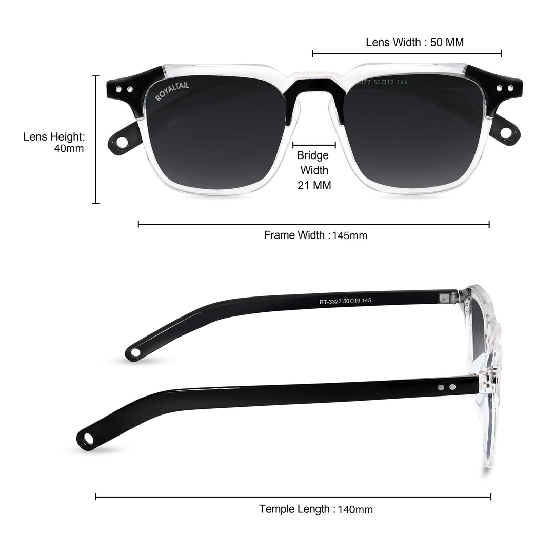 Frame measurements for black square sunglasses with black lenses