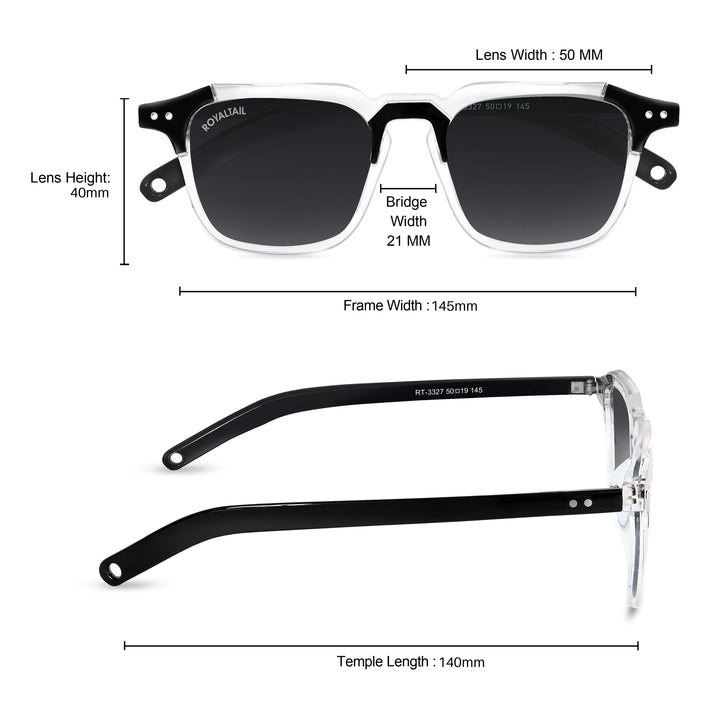 Frame measurements for black square sunglasses with black lenses