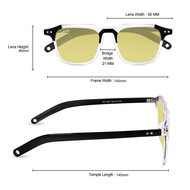 Frame measurements for black square sunglasses with yellow lenses