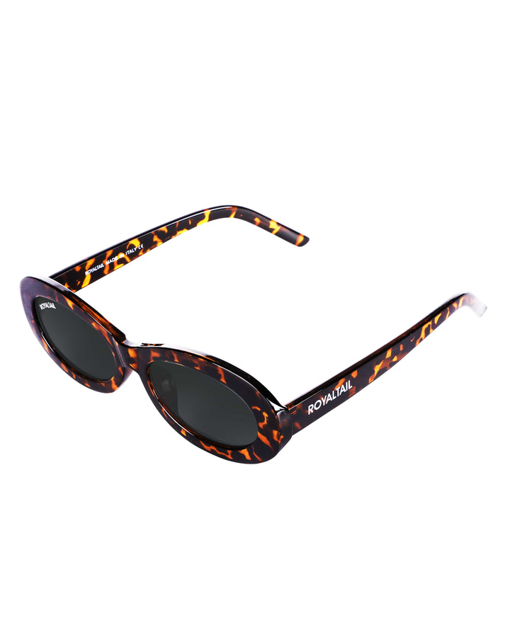 Narrow oval sunglasses for men and women, black tortoise frame and black lenses