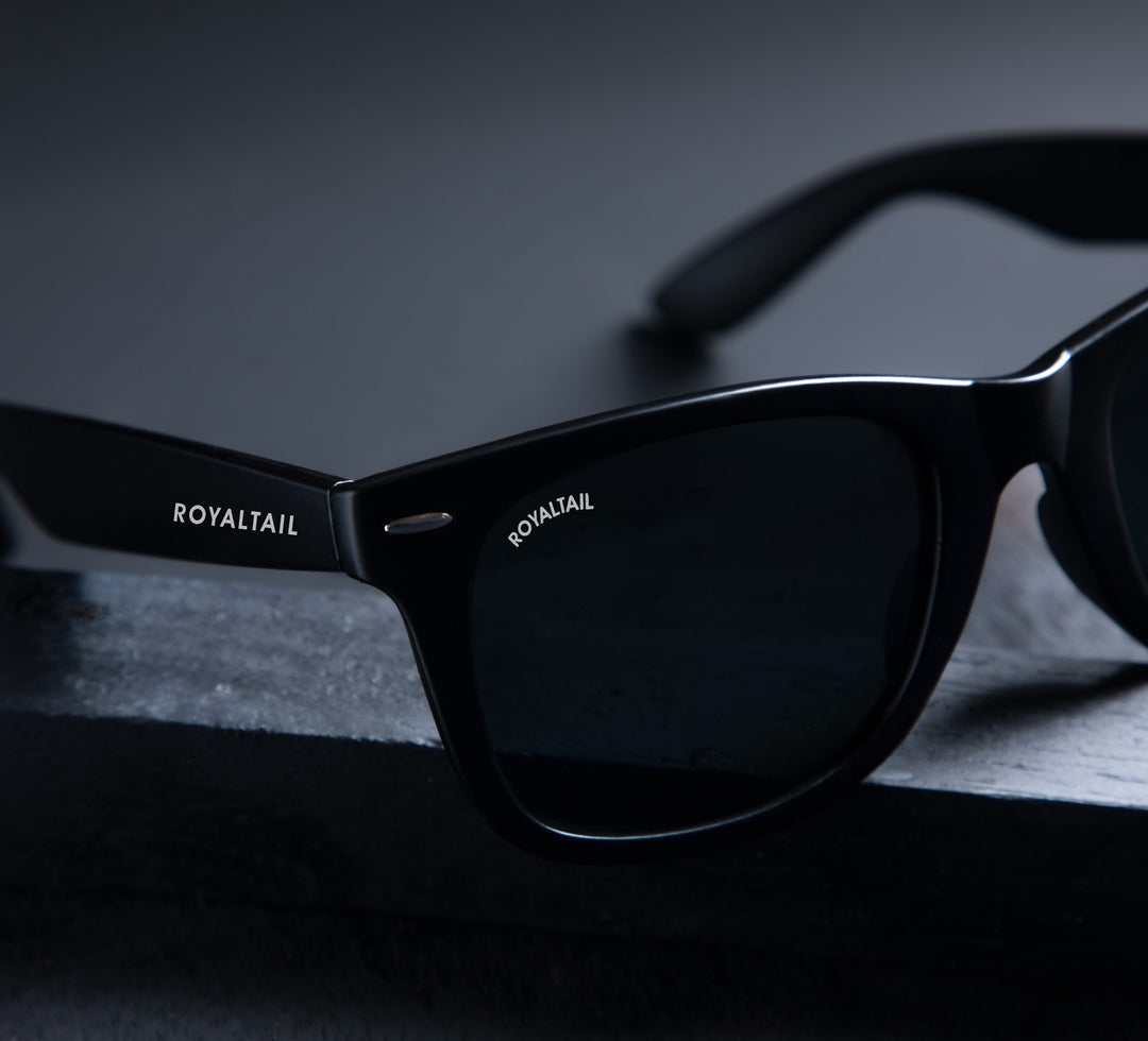 Black wayfarer sunglasses with black lenses – ROYALTAIL