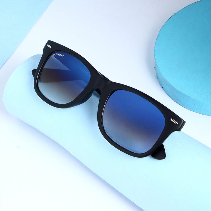 Black wayfarer sunglasses with blue gradient lenses – ROYALTAIL
