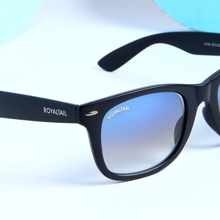 ROYALTAIL black wayfarer sunglasses, blue gradient lens