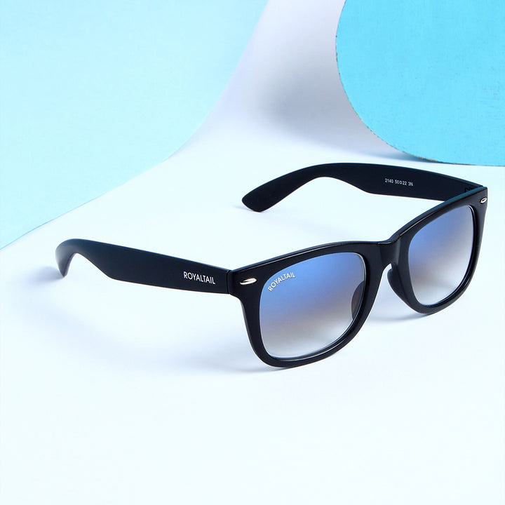 Black wayfarer sunglasses with blue gradient lenses, photo 4