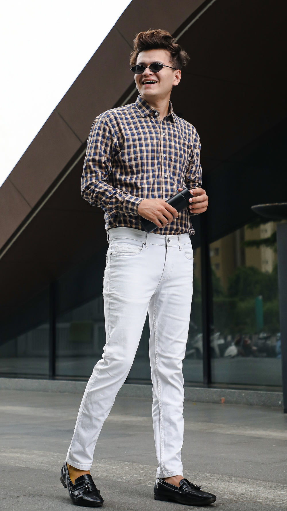 Men's Blue & Brown Check Giza Cotton Shirt