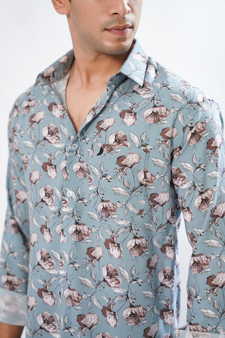 Men's Blue & Brown Paisley Print Cotton Shirt