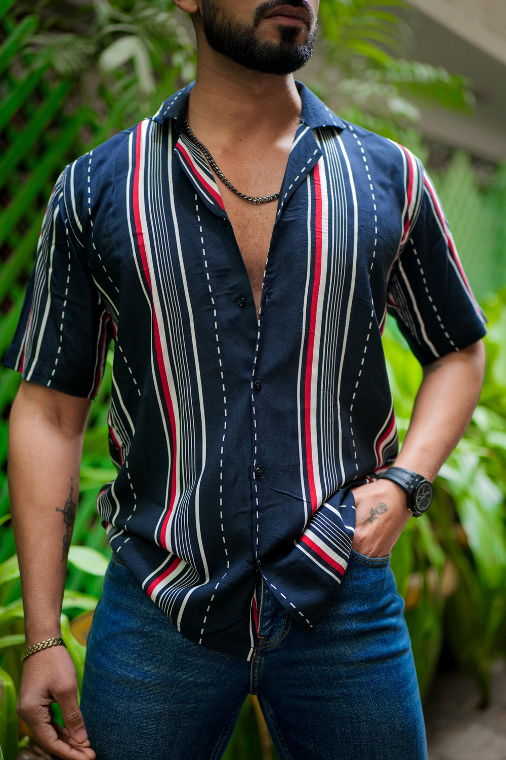 Men's Blue & White Stripe Rayon Cuban Collar Shirt